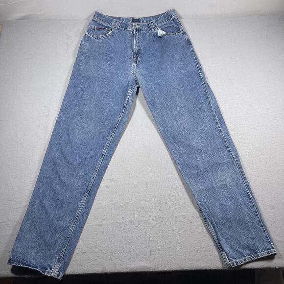 Vintage Tommy Hilfiger Jeans Mens 36x36 Blue Denim Straight Leg Flag Patch - Picture 1 of 12